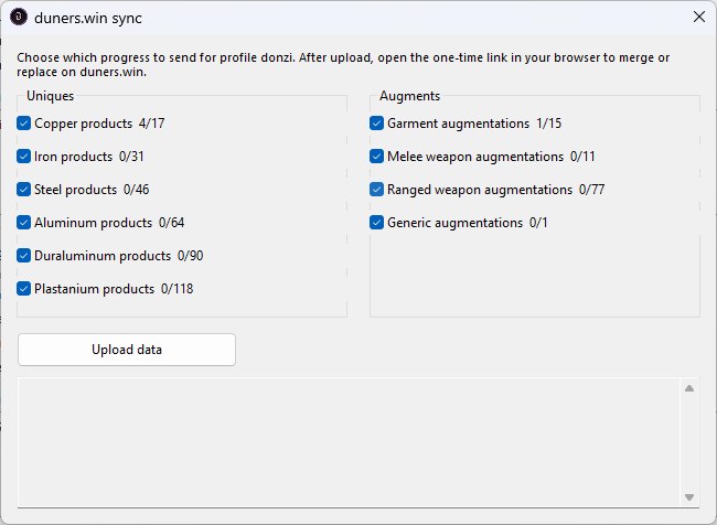 Sync dialog — upload profile progress to the web tracker